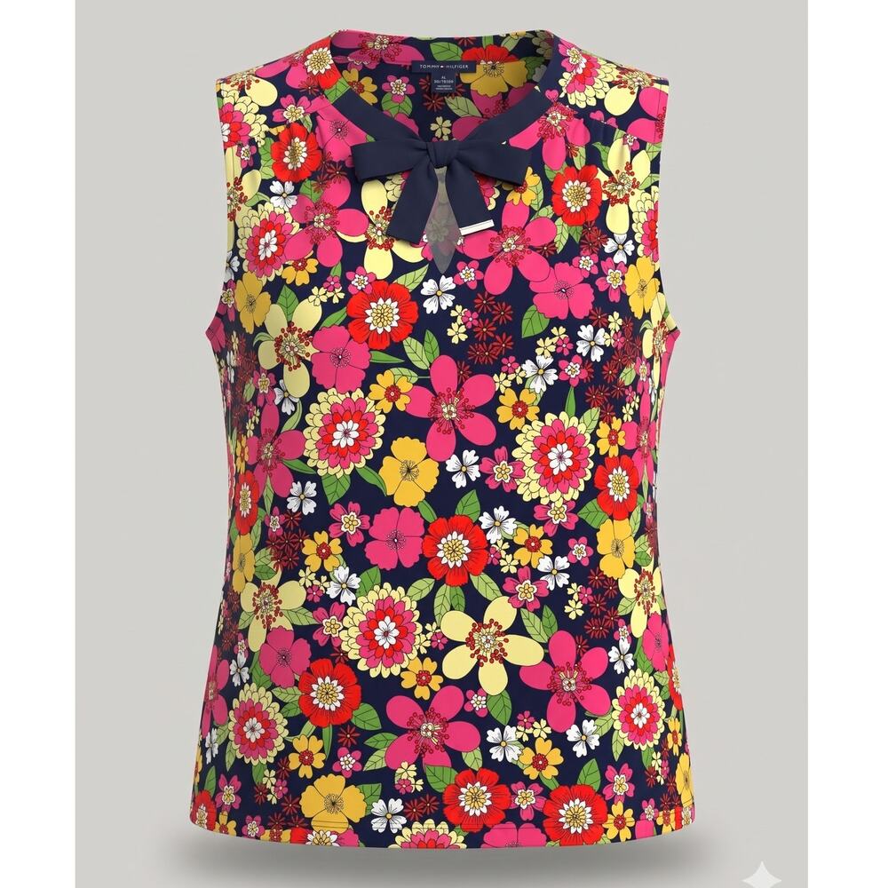 Tommy Hilfiger Womens XL Preppy Vacation Coquette Bloomcore Tie Neck Tank Top